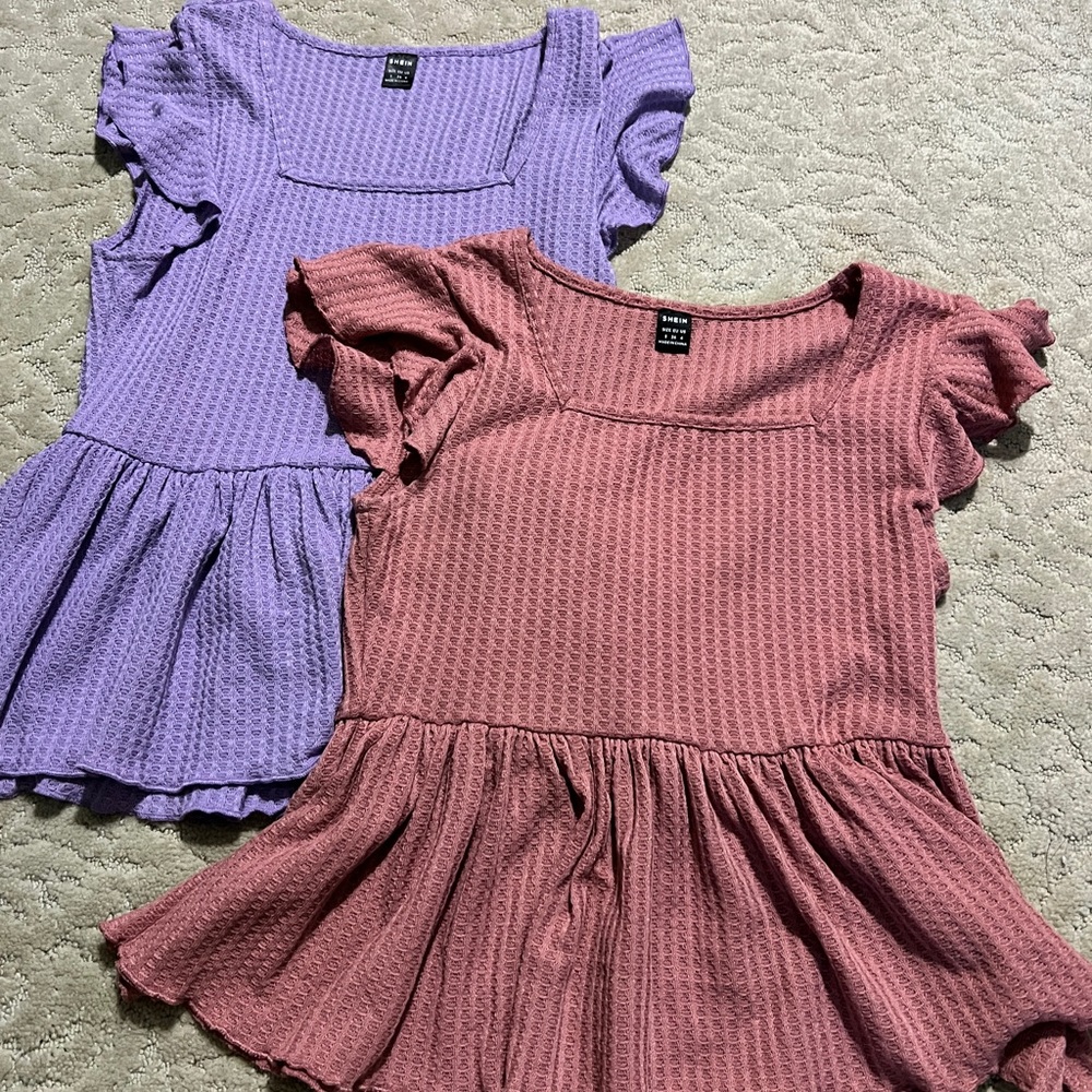 SHEIN Women's Ruffle Sleeve Blouses - Purple and Pink